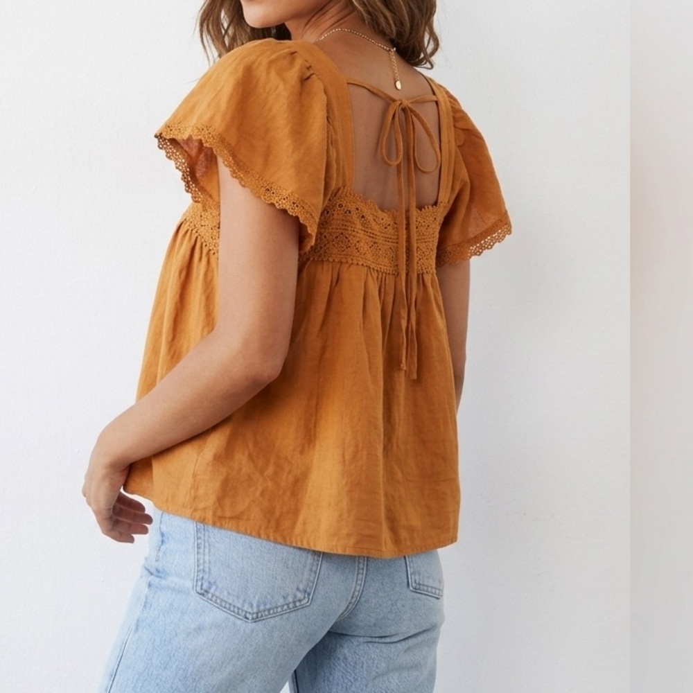 Andree Rust Orange Lace-Trim Peasant Blouse